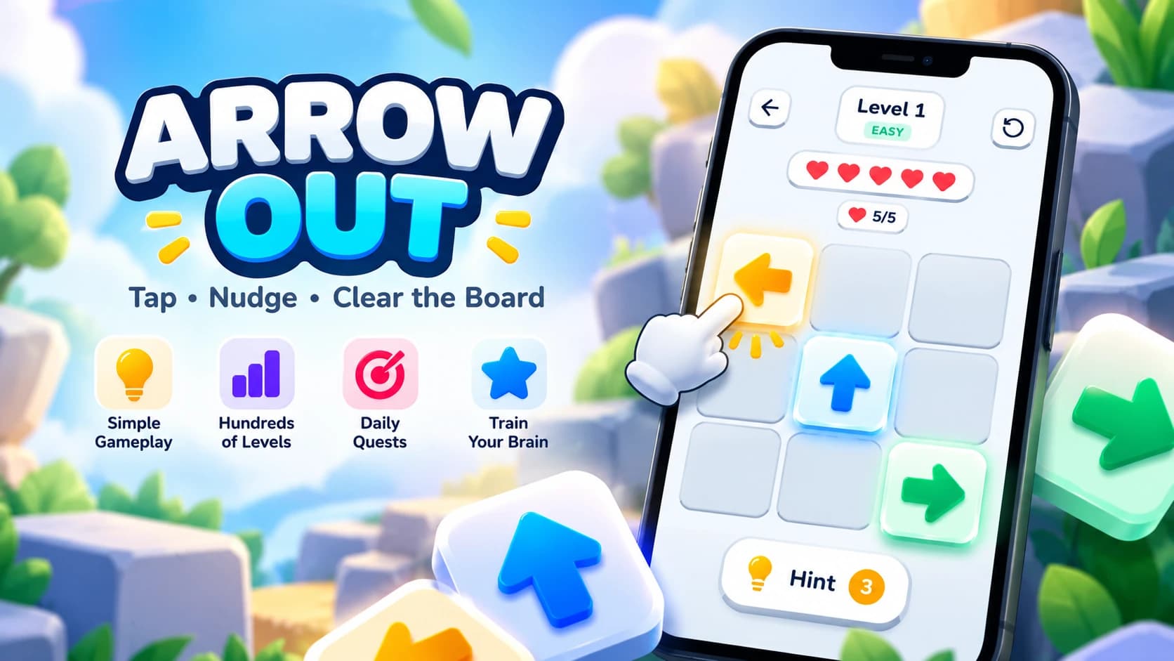Arrow Out game banner featuring directional arrows, colorful landscapes and game UI