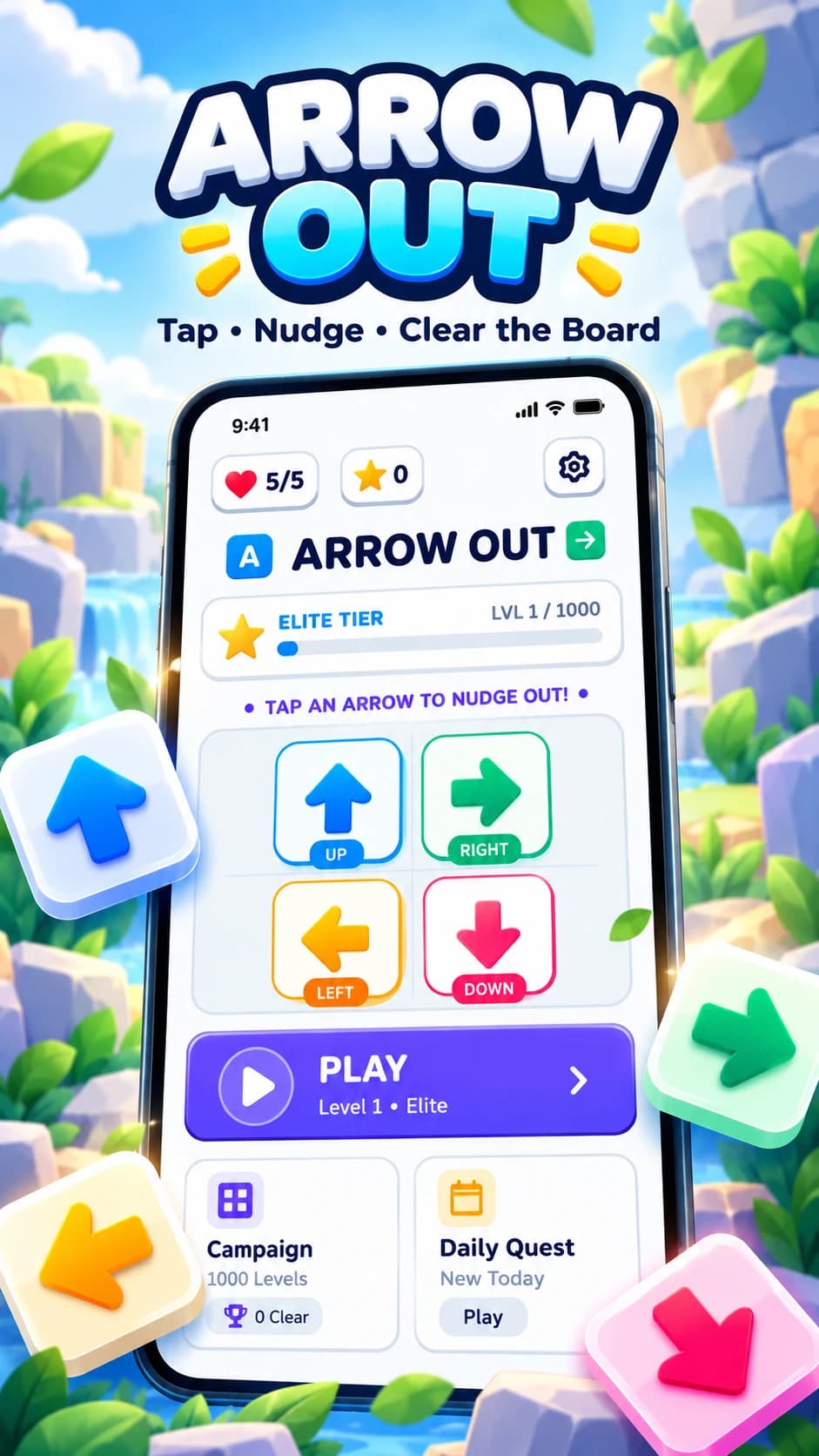 Promotional illustration of the Arrow Out home screen with directional arrows