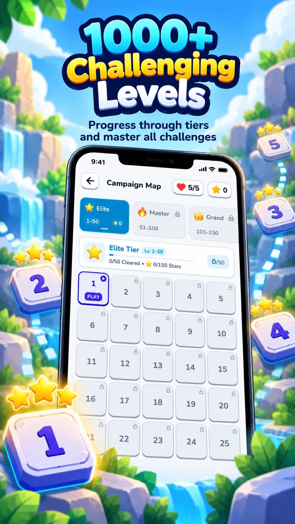 Promotional campaign map preview with level tiles and star progress