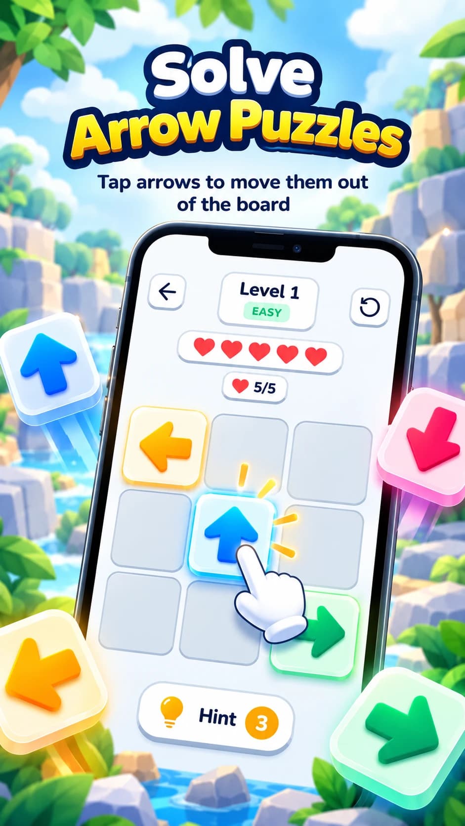 Arrow Out tapping and nudging a blue arrow on the board