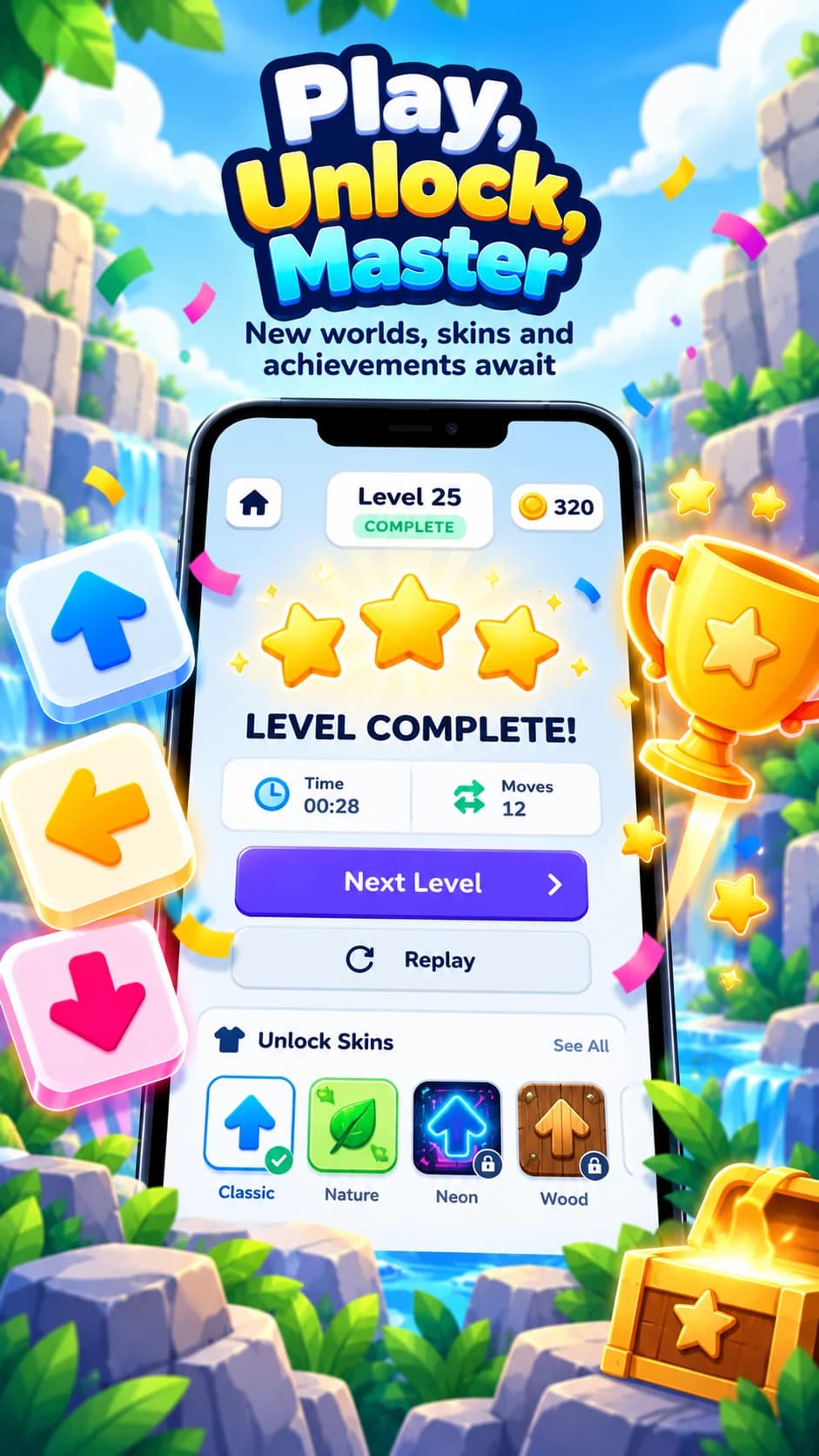 Arrow Out level-complete promotional illustration with stars